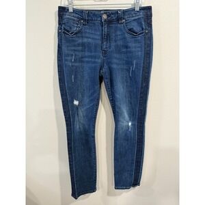 CAbi Straight Jeans Women's 8 Blue Denim Distressed Mid Rise Stretch 5 Pocket